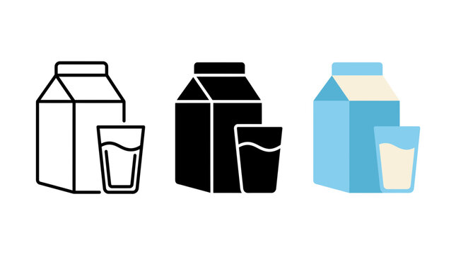 Milk carton and glass icon set representing dairy products and healthy breakfast nutrition