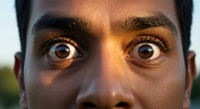 Close-up portrait of an African man with wide eyes and intense gaze. Human emotion, awareness, surprise and psychological expression concept for editorial or advertising use.