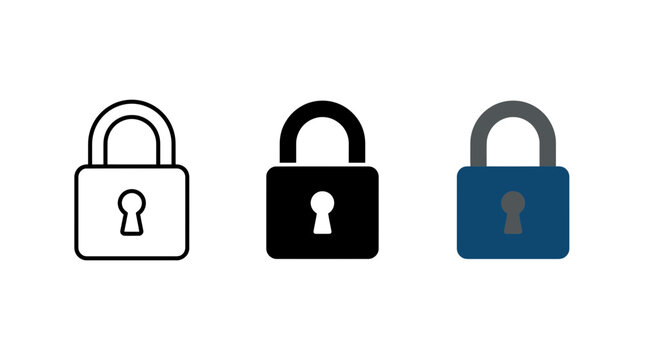 Three padlock icons: outline silhouette blue color with silhouette collection security isolated