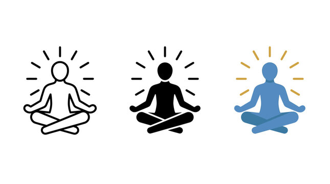 Person meditating in lotus position with glowing aura icon set meditation mindfulness wellness