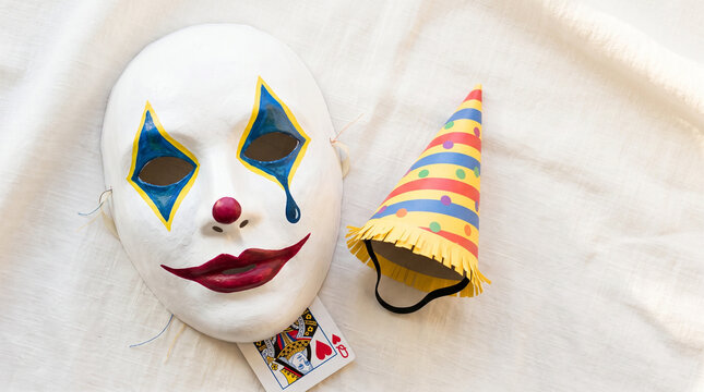 Clown mask and colorful party hat on a white background  