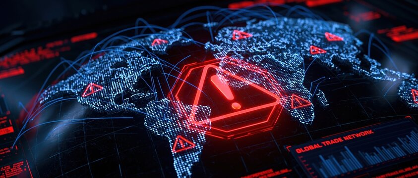 Cybersecurity global map showing a digital network data threat and warning sign