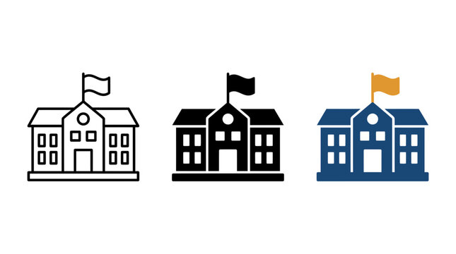 School building icon variations: outline silhouette color with building education architecture