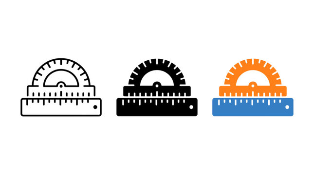 Protractor and ruler measuring tool icon set in line solid and colorful style with protractor