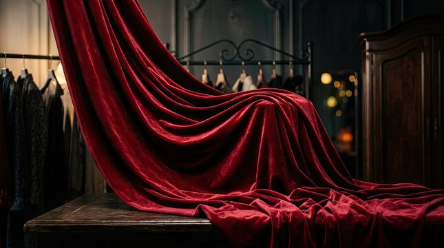 A draped red velvet curtain with a dark wooden bed frame and wardrobe in the background, creating a luxurious and elegant setting.