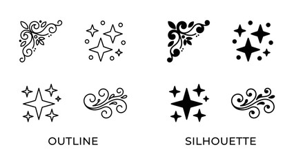 Fototapeta premium Ornate Decorative Elements: A collection of elegant decorative flourishes, including floral corners and sparkling starbursts, presented in both outline and silhouette styles.