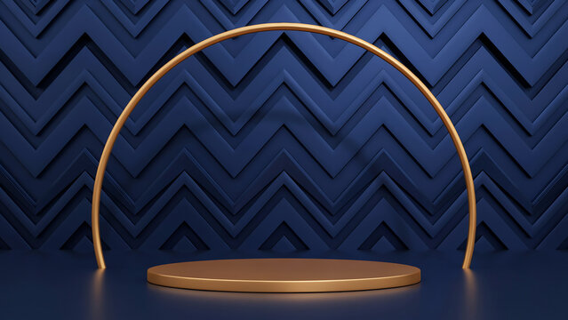 Minimalist golden product display podium with arch on blue wall, pedestal