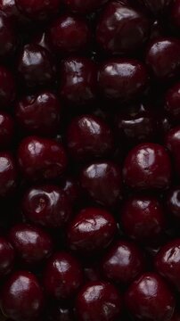 Sweet cherries full-frame background texture. Fresh organic stemless fruits in a tight shot, rotating clockwise in backlit natural window light. Vertical video.