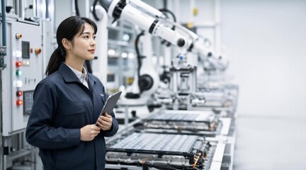 Fototapeta premium Female Engineer Inspecting EV Battery Assembly Line with Tablet