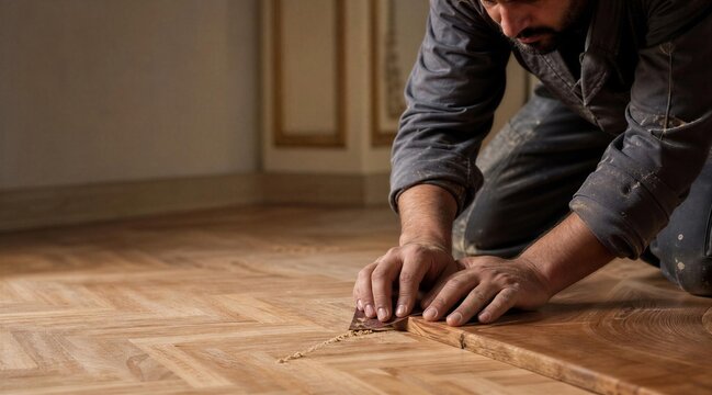 Worker Sanding Parquet Hardwood Floor During Renovation