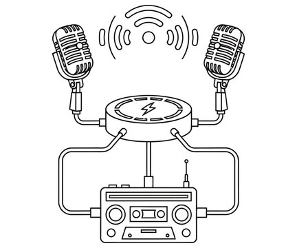 Retro podcasting equipment line art, vintage microphones and radio station illustration, broadcast studio gear sketch