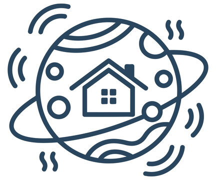 Minimalist planet icon with house, celestial home line art, global real estate concept, orbital earth and housing symbol