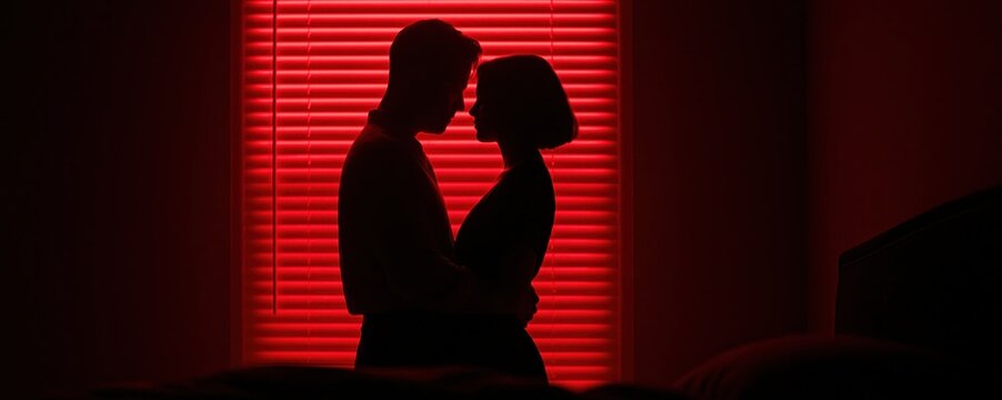 Silhouette of a romantic couple in an intimate embrace with moody red window light