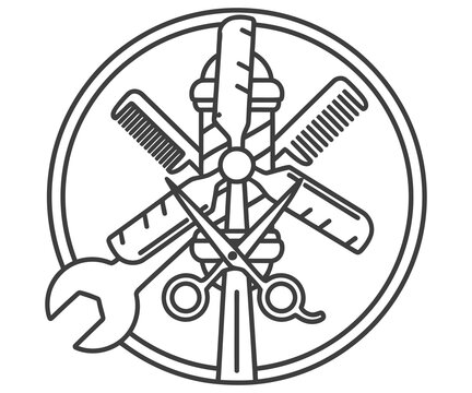 Vintage barbershop logo with grooming tools, barber shop emblem featuring scissors and razor, hair salon icon with wrench and comb