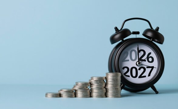 2027 alarm clock with stacks of coins for financial growth and future investment