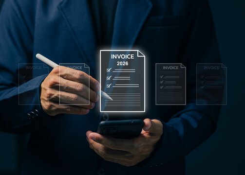 Business professional manages digital invoice documents using smartphone and stylus, illustrating electronic billing, payment processing, accounting, finance, and paperless workflow.