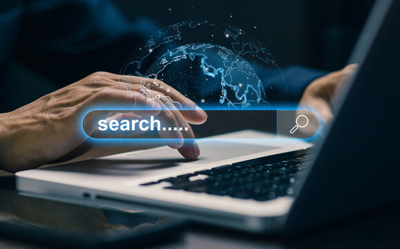 User searches information online through a digital search bar on laptop with global network interface, representing internet browsing, web research, discovery, SEO, and technology.