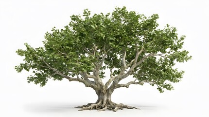 Obraz premium Majestic Banyan Tree with Lush Green Foliage and Exposed Roots Isolated on White Background.