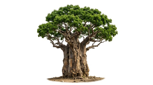 Majestic Baobab Tree with Lush Green Foliage Isolated on White Background.