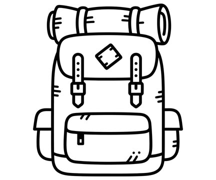 Minimalist hiking backpack line art, camping rucksack icon with bedroll, outdoor adventure travel bag illustration on white background