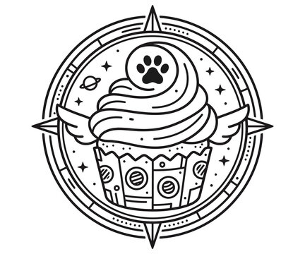 Celestial cupcake line art, whimsical space dessert with wings and paw print, mystical bakery emblem for coloring or logos