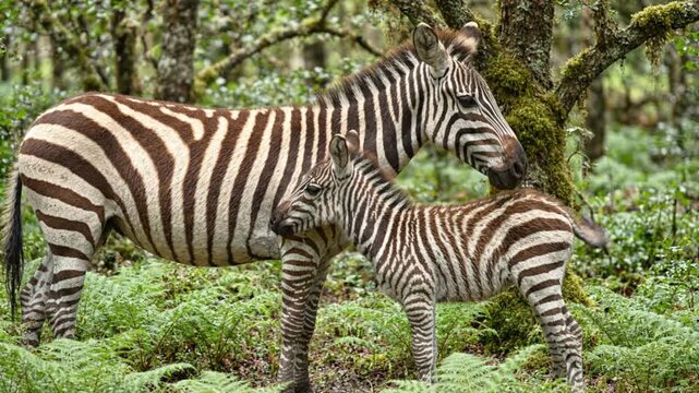 Zebra nuzzles its foal amidst lush greenery in a natural savanna setting wildlife grassland animal mammal stripes nature african