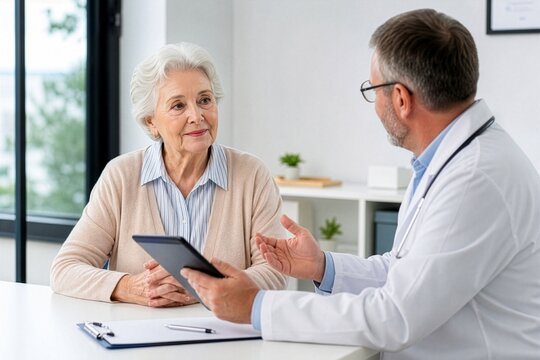 Doctor consulting a senior woman patient with a tablet in a clinic, concept of healthcare for elderly, medical consultation and senior health checkup