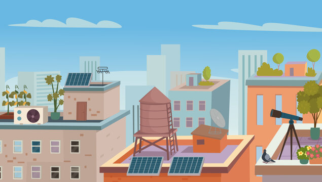 Eco-friendly urban rooftop landscape with a water tank, solar panels, green roofs and modern city buildings under a blue sky. Flat vector illustration about sustainable urban development and renewable
