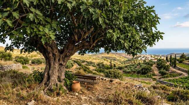 A tree with a bench under it, overlooking a scenic landscape with a village and the sea in the distance.