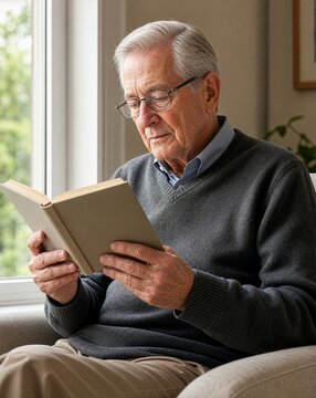 Senior man in glasses reading a book on the sofa at home, concept of relaxing retirement, active aging, lifelong learning and a peaceful hobby