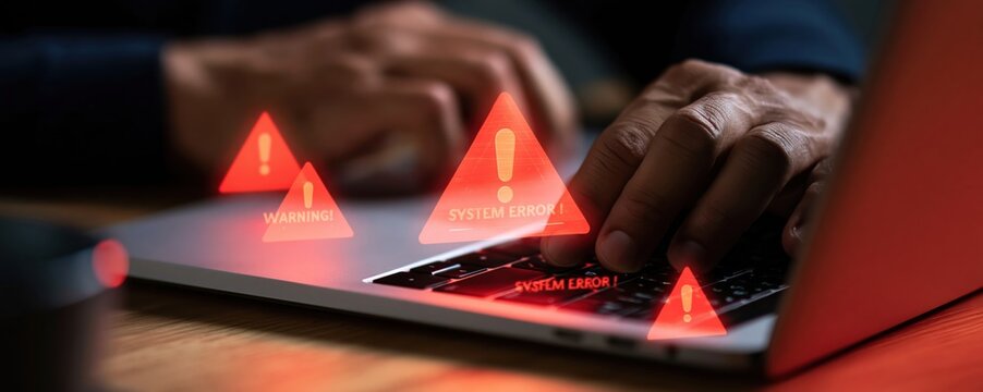 Cybersecurity alert on laptop screen showing digital data breach and security hack