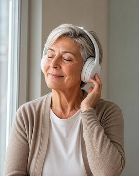 Senior woman with headphones enjoying music with her eyes closed at home, concept of relaxation, active aging, wellbeing and a peaceful senior lifestyle