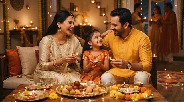 Indian family celebrating diwali festival with sweets and diyas at home