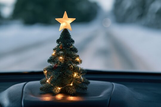 Festive Christmas Tree on Car Dashboard During Winter Holiday Road Trip