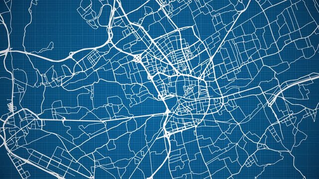 Ink reveal animation of Murcia city, Spain (Espa&ntilde;a), grid map. Aerial top view. Blueprint style. White lines with blue background. 4K Seamless loop.