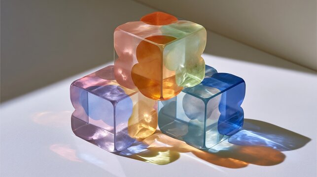 Colorful translucent cubes carefully stacked in an abstract arrangement, symbolizing complexity and interconnectedness with a modern, artful perspective