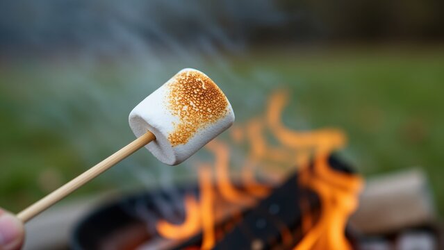 Close-up of a toasted marshmallow on a stick with a campfire outdoors, warm colors, camping food, outdoor activity, and s'mores preparation scene