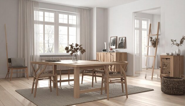Light wood dining room with neutral tones and natural light
