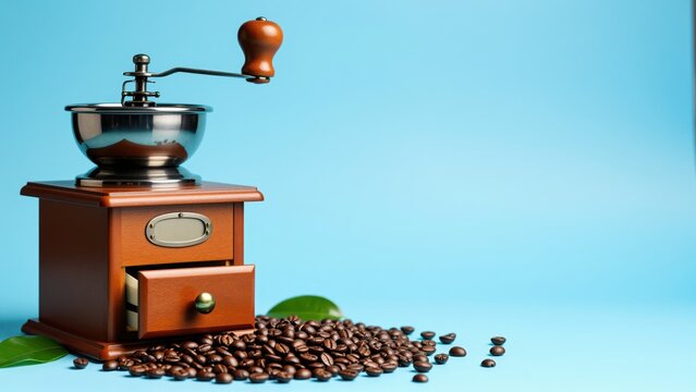 Vintage wooden coffee grinder with stainless steel burrs and a manual crank, scattered coffee beans on a blue background for coffee shop or brewing concepts