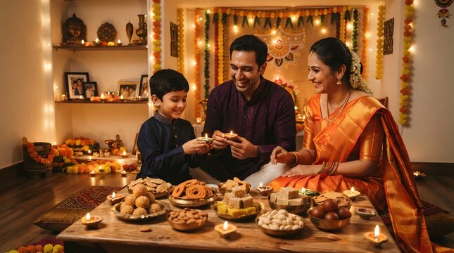 Indian family celebrating diwali festival with son at home with diyas and sweets