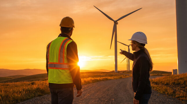 Male and female engineers wearing hard hats and high-visibility vests standing on a rural road at sunset, looking towards large wind turbines on a hill at a renewable energy wind farm.