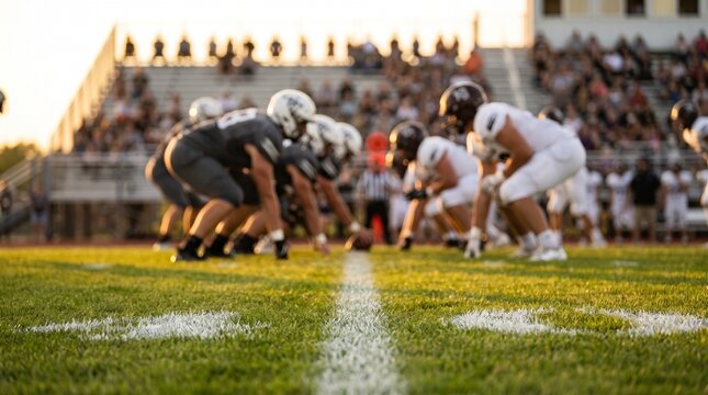 American football players at line of scrimmage, competitive high school football game on grass field, athletes in uniform during golden hour