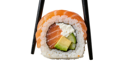 Fresh salmon sushi roll with avocado and cucumber held by chopsticks, isolated on transparent background © Igor