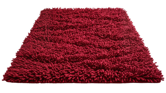 Plush shaggy crimson rug with dense texture, isolated on transparent background