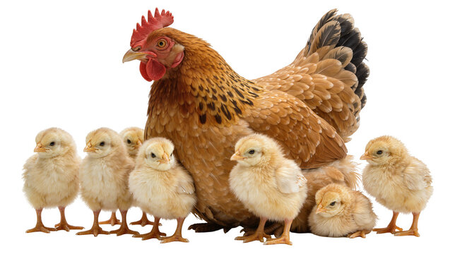 Brown hen with fluffy yellow chicks, isolated on transparent background