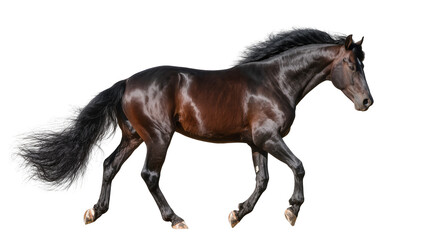 Dark brown horse with flowing mane and tail, isolated on transparent background © Igor