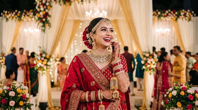 Radiantly happy indian bride wearing traditional red silk attire and ornate gold jewelry laughing joyfully during her extravagant wedding celebration