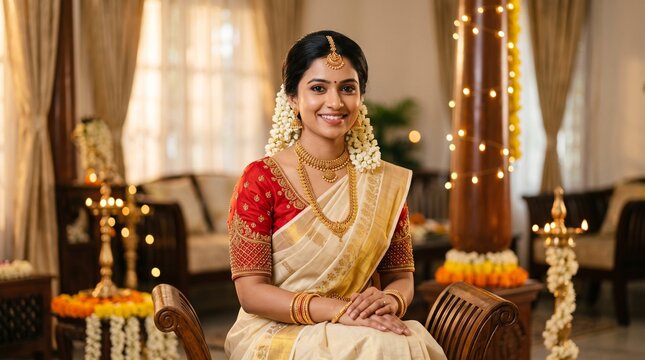 Smiling south indian woman wears traditional white kasavu saree and intricate gold jewelry during a beautiful bright festive home celebration