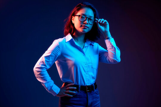 Portrait of Asian young adult businesswoman adjusting eyeglasses and posing confidently, representing leadership and professionalism. Ideal for career growth, corporate branding