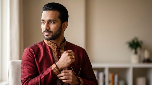 Handsome indian man wearing a deep maroon traditional kurta with intricate gold embroidery while adjusting his sleeve looking away thoughtfully